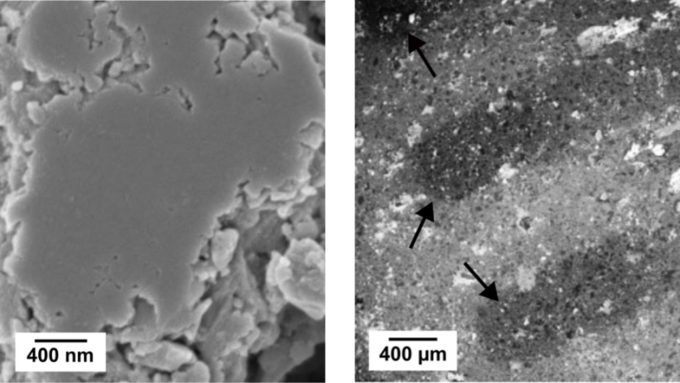 SEM images of LPSCl pellets before (left) and after (right) the operando HAXPES experiment. © 10.1021/acsenergylett.4c01072