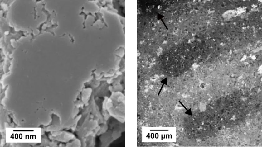 SEM images of LPSCl pellets before (left) and after (right) the operando HAXPES experiment. © 10.1021/acsenergylett.4c01072
