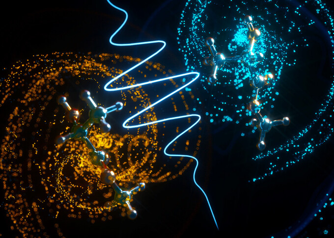 Künstlerische Darstellung der lichtinduzierten Elektronenbewegung, die einen chiralen Elektronenstrom erzeugt. Bild: Ella Maru Studio, Inc. / © MBI